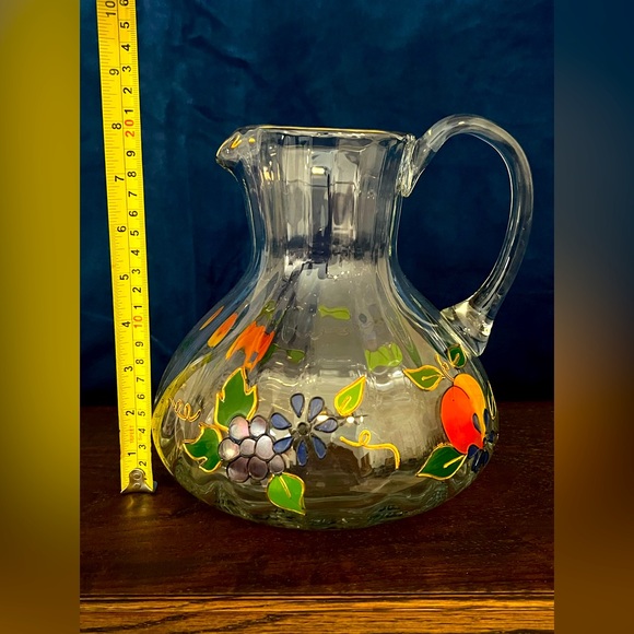 Vtg Handcrafted Lead Crystal Romanian Pitcher Raised Painted Detail Fruit Theme - Picture 2 of 9